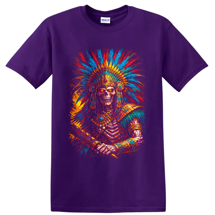Colorful gothic skeleton with ornate feather headdress and jeweled paint-splash art on a Purple T Shirt