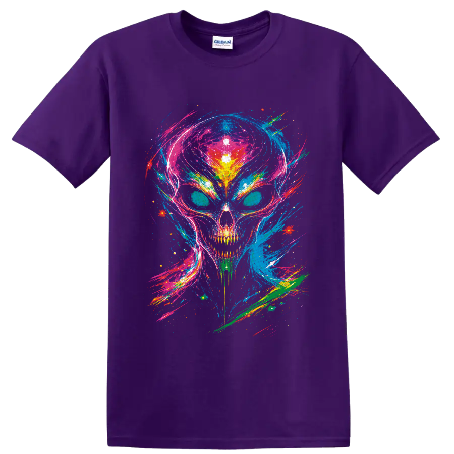 Psychedelic neon skull with cosmic paint splashes and glowing abstract bursts on a Purple T Shirt