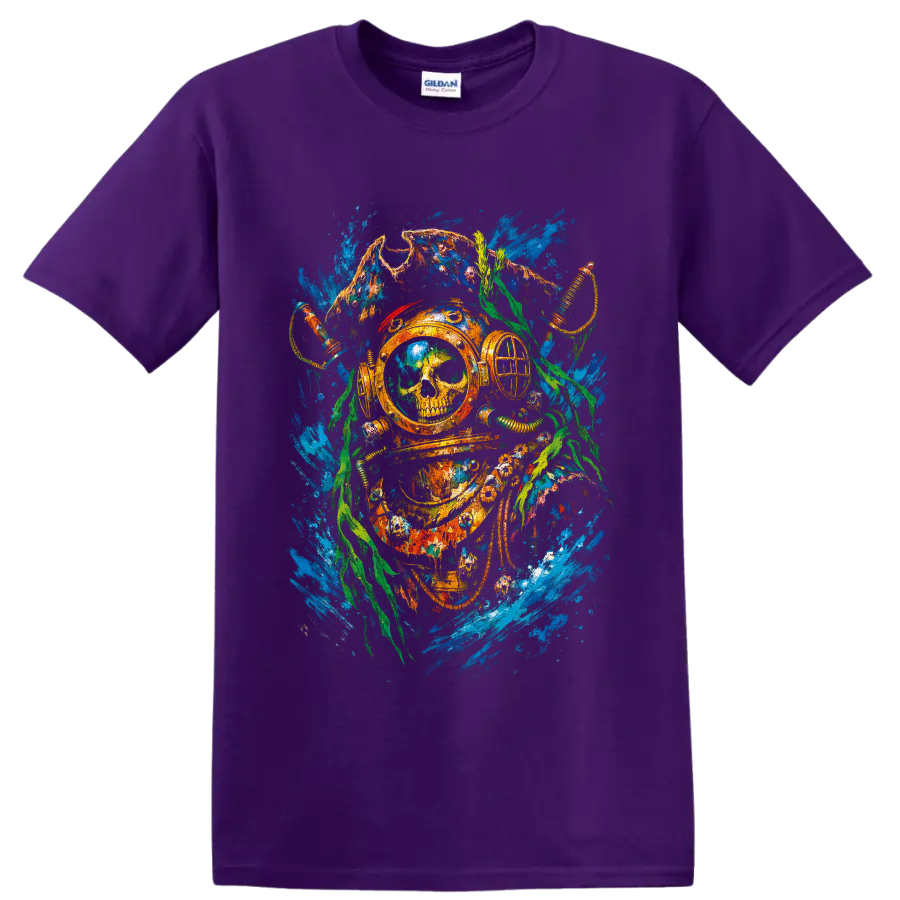 Vintage deep-sea diver helmet with skull, octopus tentacles, seaweed, and blue water on a Purple T Shirt