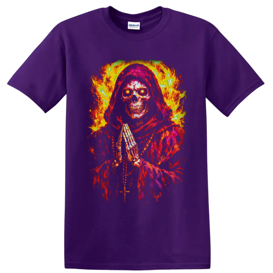 Fiery hooded grim reaper skull with praying hands, cross, and glowing eyes on a Purple T Shirt