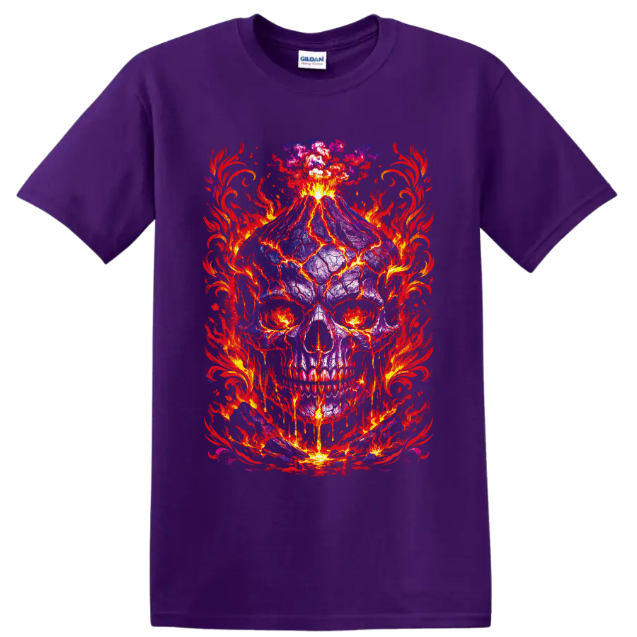 Volcanic purple skull with molten lava cracks, erupting fire, and red flame artwork on a Purple T Shirt
