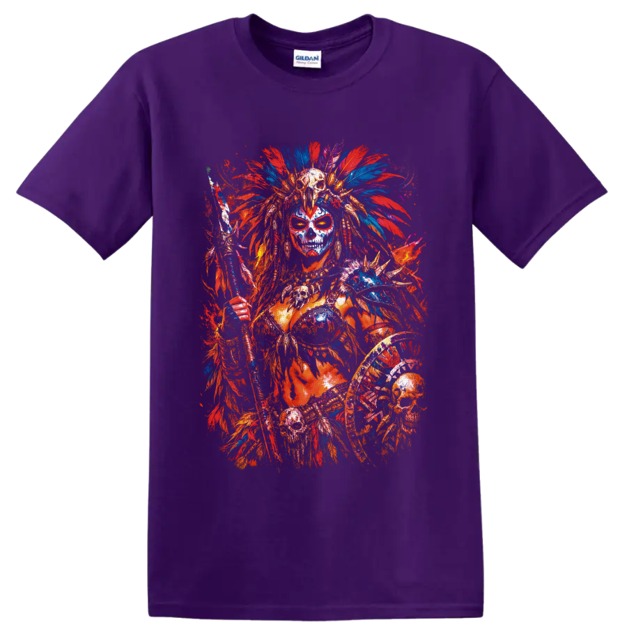 Skull-faced fantasy warrior with feather headdress, staff, shield, and vivid paint on a Purple T Shirt