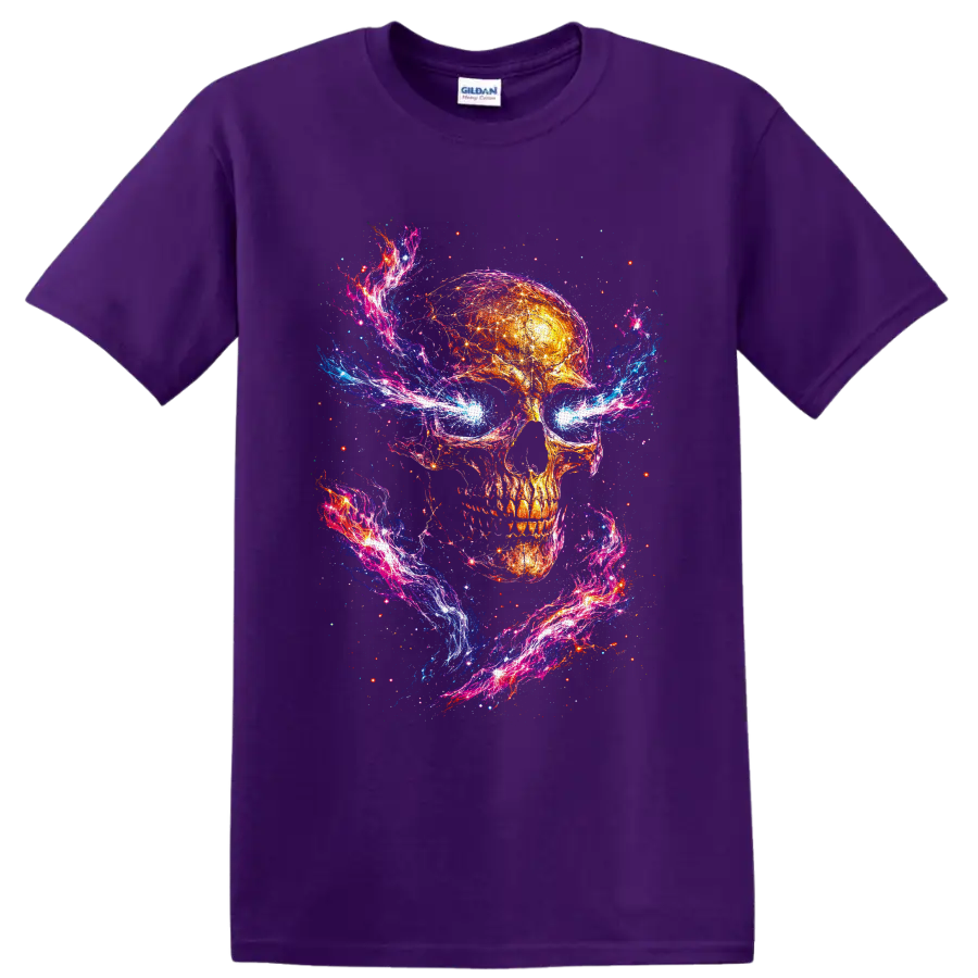 Fiery cosmic skull with neon galaxy swirls, electric blue eyes, and starlight on a Purple T Shirt
