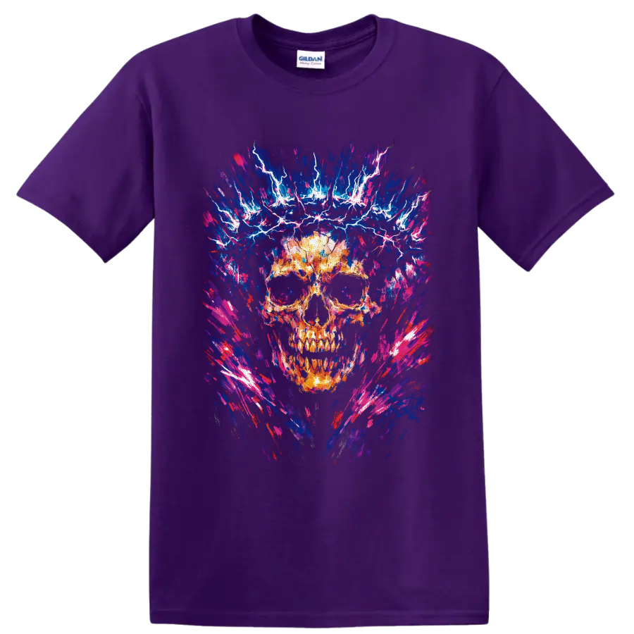 Fiery skull with electric lightning in neon blue, pink, and abstract brushstroke art on a Purple T Shirt