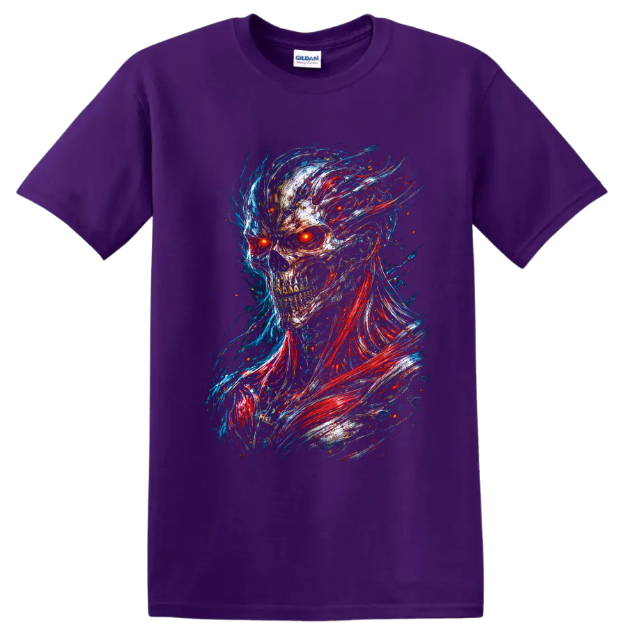 Cyberpunk skull with glowing red eyes and red blue neon glitch-art energy trails on a Purple T Shirt