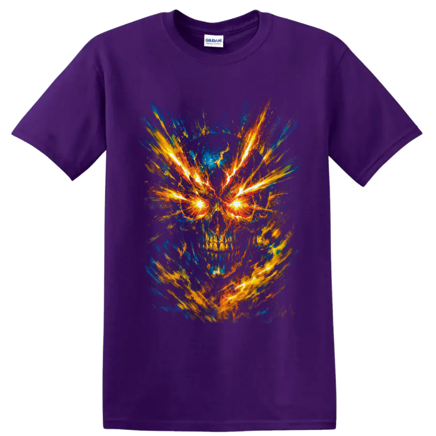 Abstract fiery skull with glowing electric eyes and explosive blue and gold brushstrokes on a Purple T Shirt
