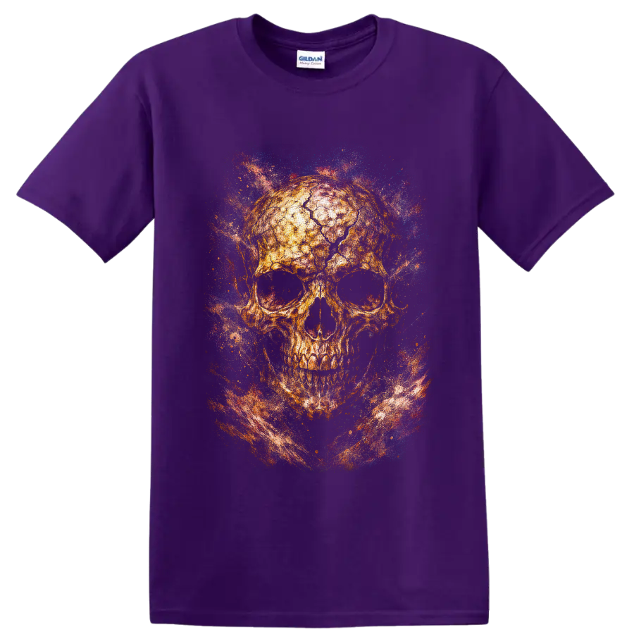 Golden skull with swirling blue, purple, and red galaxy-style splatter art on a Purple T Shirt