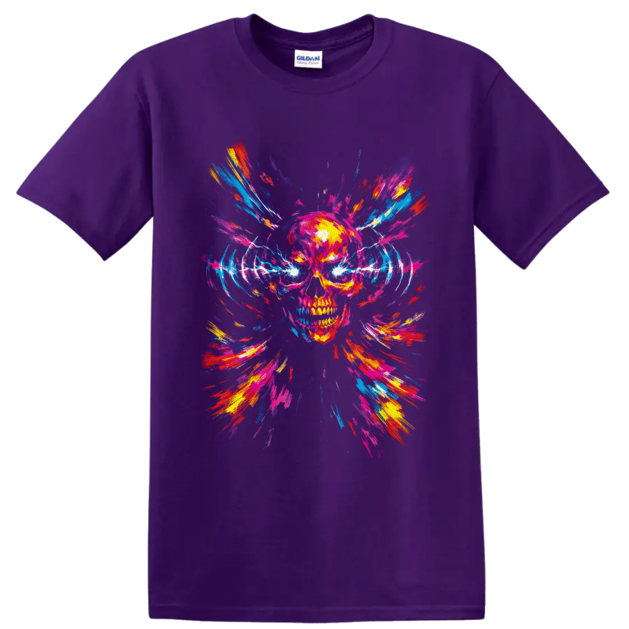 Neon paint splash skull with electric eyes and radiating abstract brush strokes on a Purple T Shirt