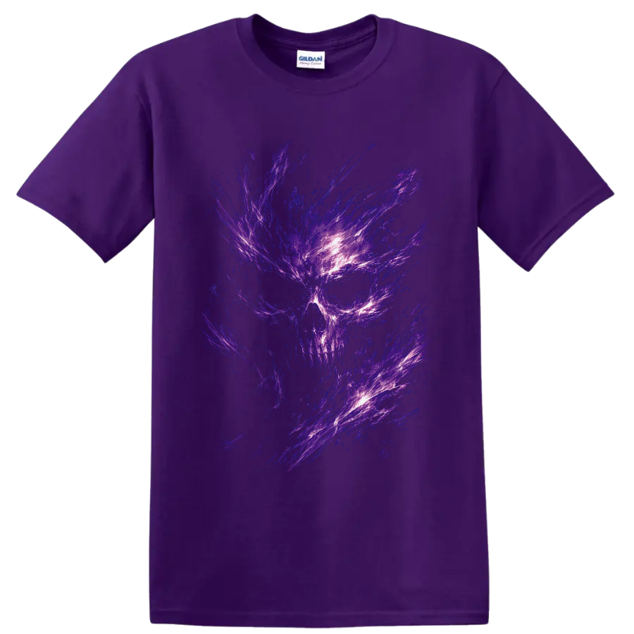 Abstract purple energy skull with glowing violet streaks in gothic horror style on a Purple T Shirt