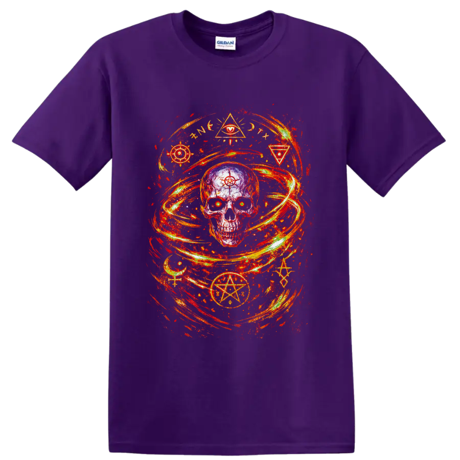 Distressed occult skull with pentagram, crescent moons, symbols, and fiery swirling on a Purple T Shirt