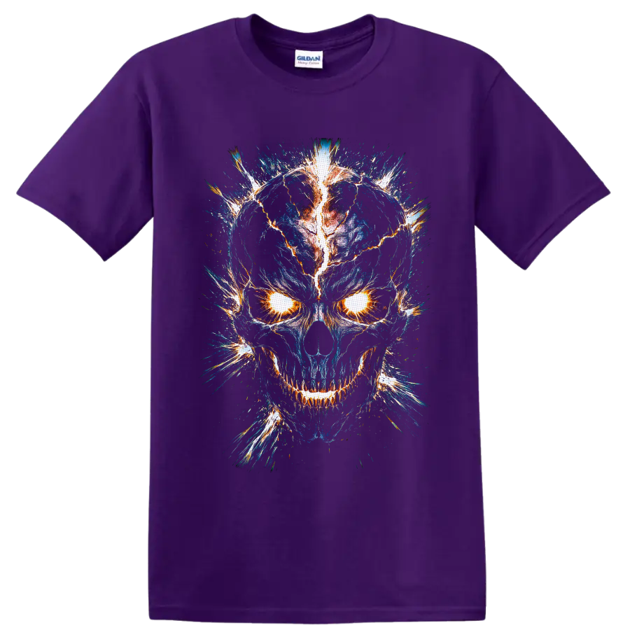 Electric blue skull graphic with blazing eyes, cracked lightning, and fiery sparks on a Purple T Shirt