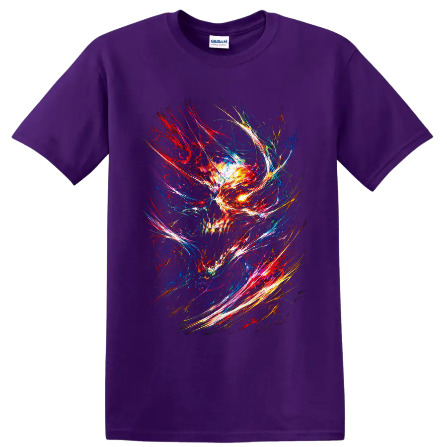 Abstract neon skull with glowing eye and psychedelic multicolor light trails on a Purple T Shirt