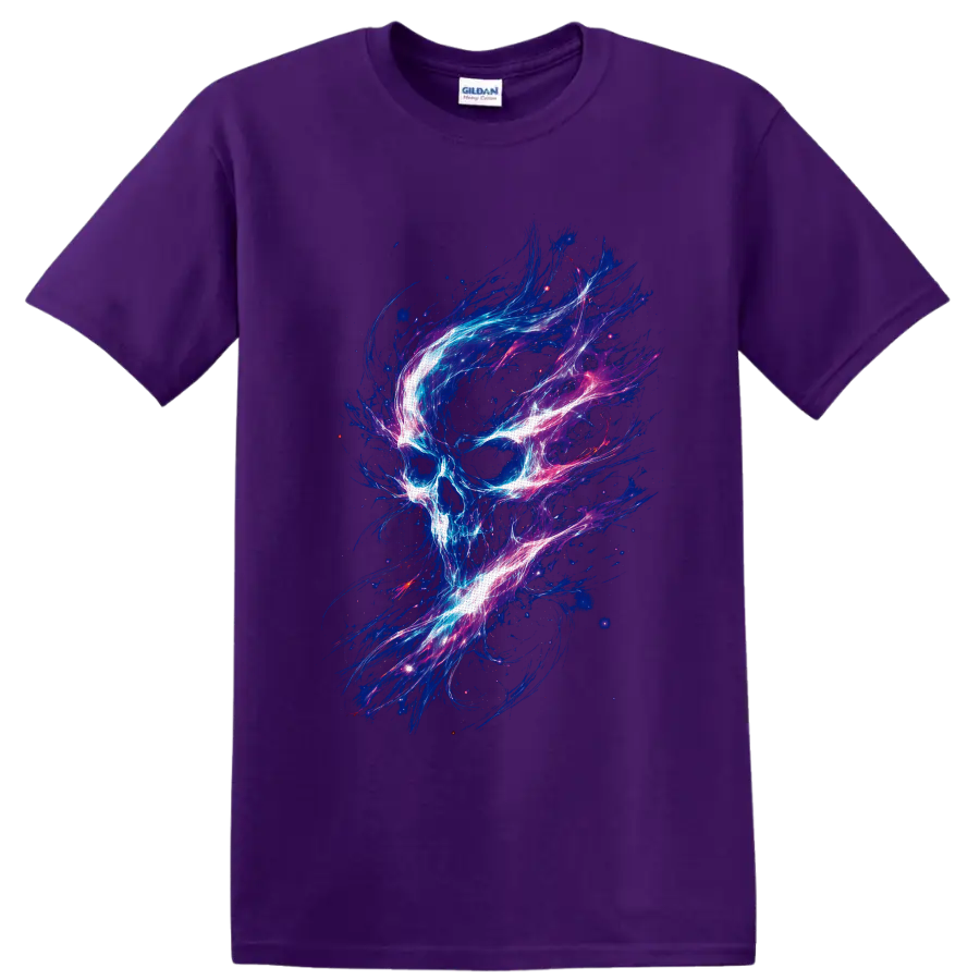 Neon cosmic skull illustration with swirling blue, pink, purple, and white energy on a Purple T Shirt