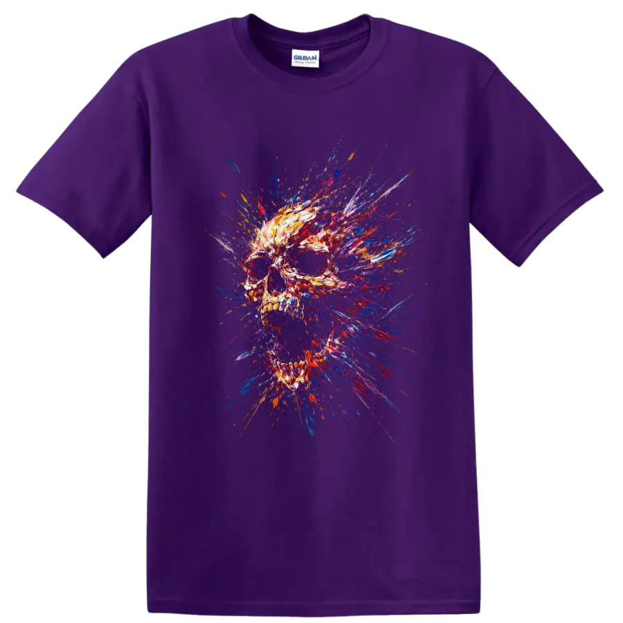 Abstract skull illustration with explosive colorful paint strokes and splatters on a Purple T Shirt