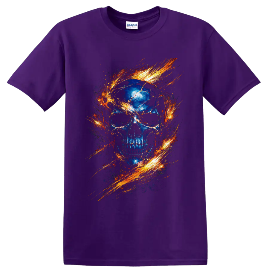 Blue cracked skull with swirling fiery orange gothic flame artwork on a Purple T Shirt