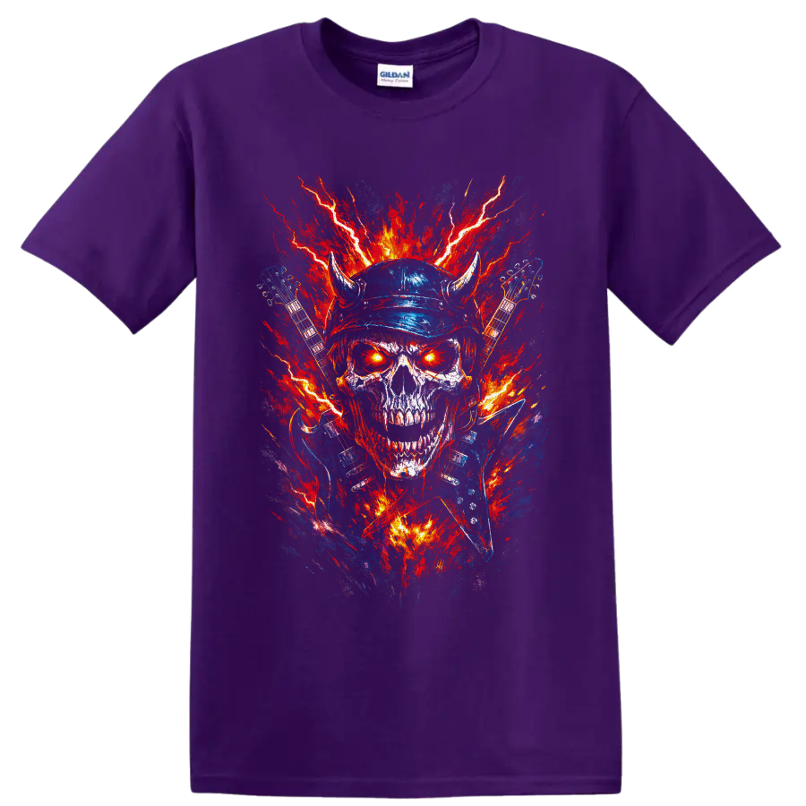 Horned skull with electric guitars, lightning, and fiery heavy metal splatter art on a Purple T Shirt