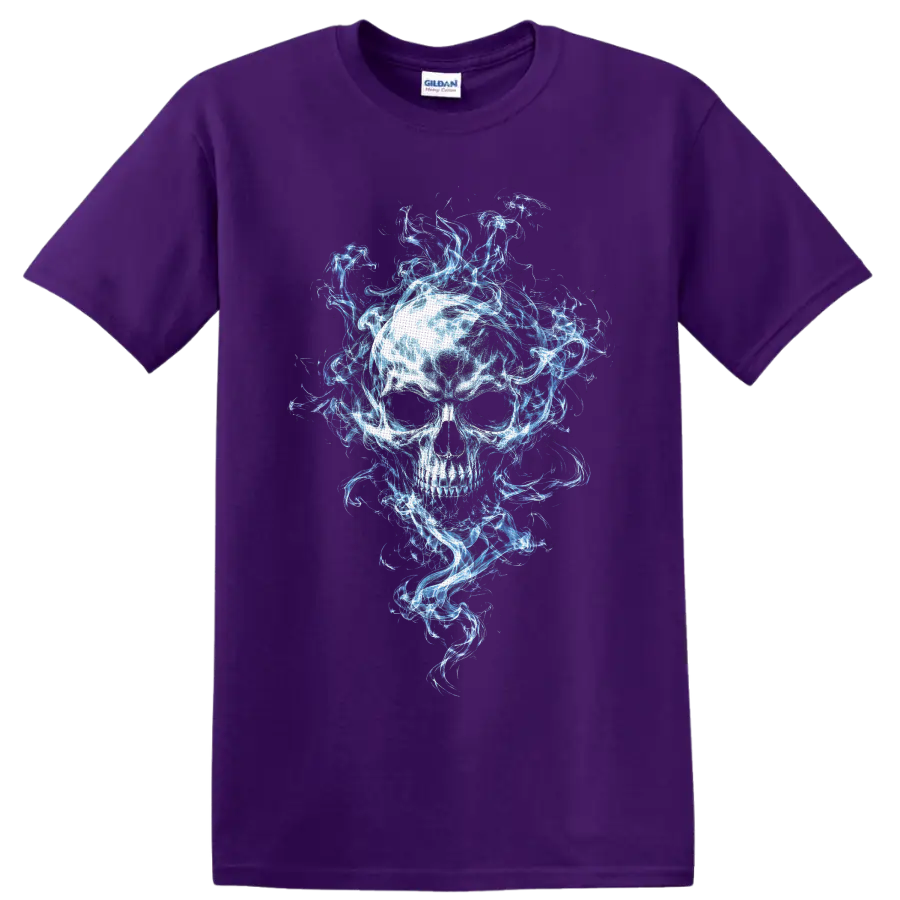Luminous skull surrounded by swirling blue, white, and violet spectral flames on a Purple T Shirt