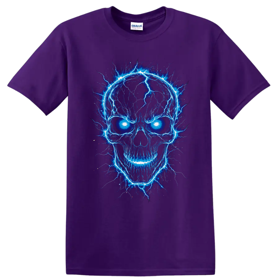 Electric blue lightning skull graphic with glowing eyes and gothic horror linework on a Purple T Shirt