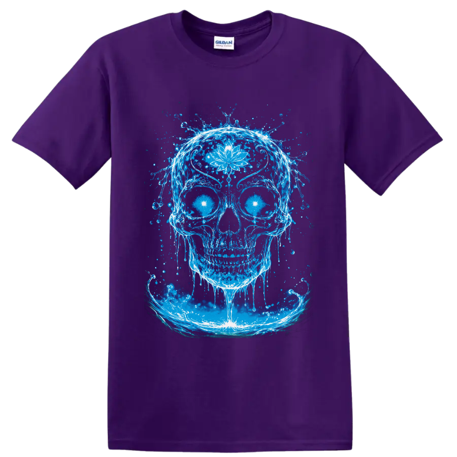 Glowing blue water skull with white lotus flower, radiant eyes, and splash art waves on a Purple T Shirt