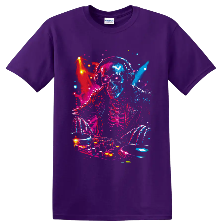 Neon skeleton DJ in headphones mixing turntables and vinyl in a vivid rave art style on a Purple T Shirt