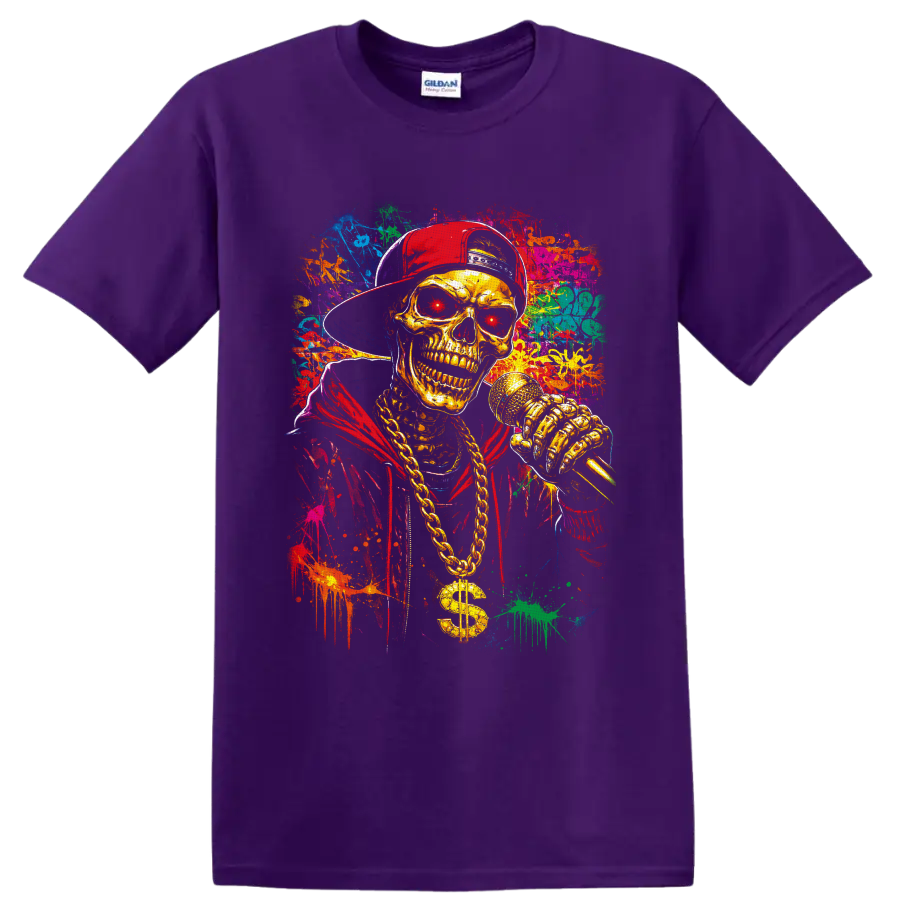Gold skeleton rapper with microphone, chain, red cap, and colorful graffiti splatter art on a Purple T Shirt