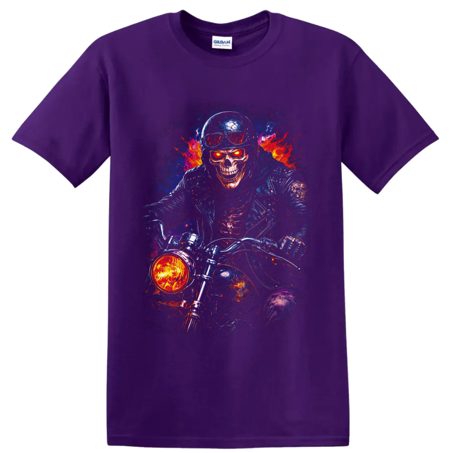 Fiery skull biker on a motorcycle with flames in vivid gothic horror art on a Purple T Shirt