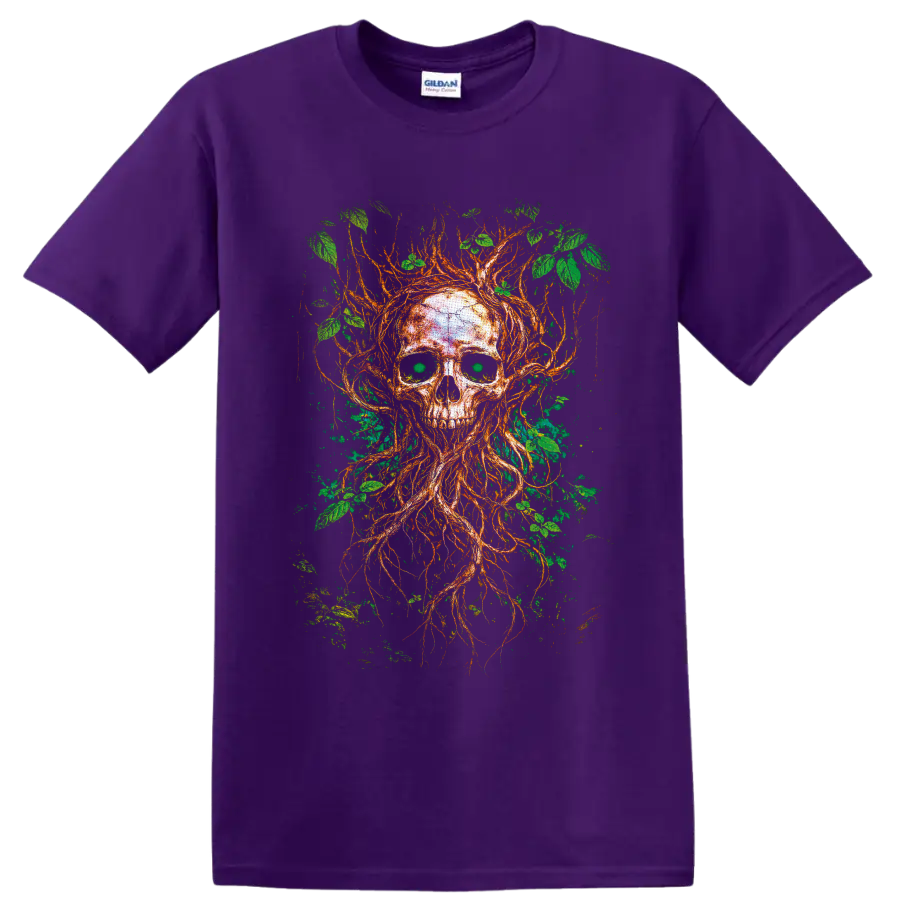 Gothic tree skull illustration with twisting roots, branches, and green leaves on a Purple T Shirt