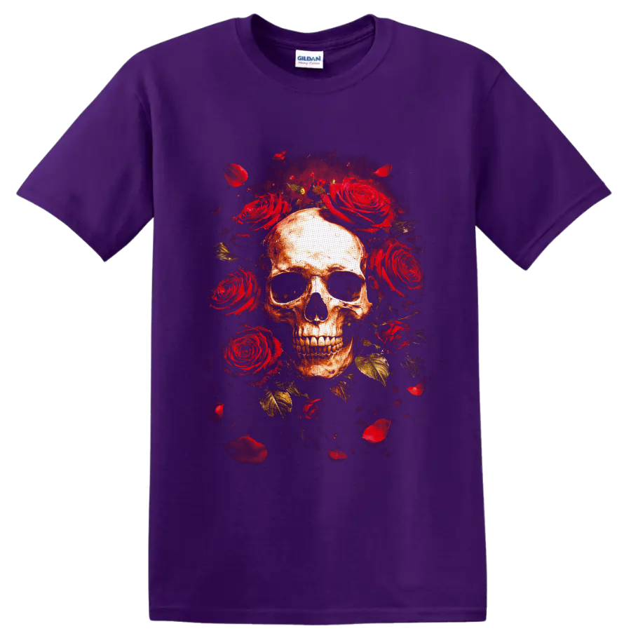 Weathered skull surrounded by red roses, petals, and gold leaves in gothic horror art on a Purple T Shirt