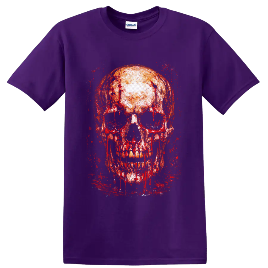 Bloody dripping skull in distressed red gothic grunge paint on a Purple T Shirt