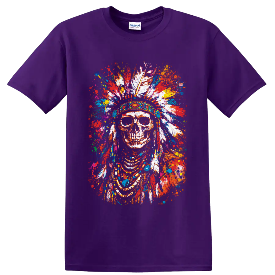 Color-splash skull portrait with patterned feather headdress, beads, and paint splatters on a Purple T Shirt