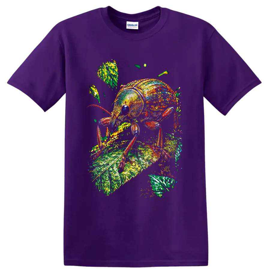 Colorful painterly weevil beetle standing on a textured green botanical leaf on a Purple T Shirt