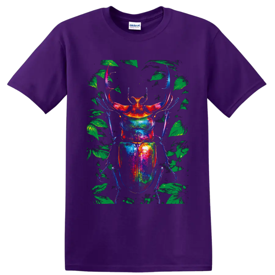 Rainbow stag beetle illustration with green forest leaves in neon-style colors on a Purple T Shirt