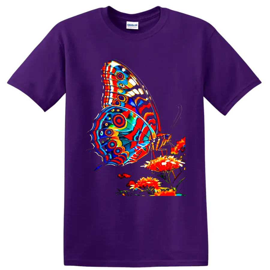 Psychedelic butterfly with vivid patterned wings perched on bright garden flowers on a Purple T Shirt