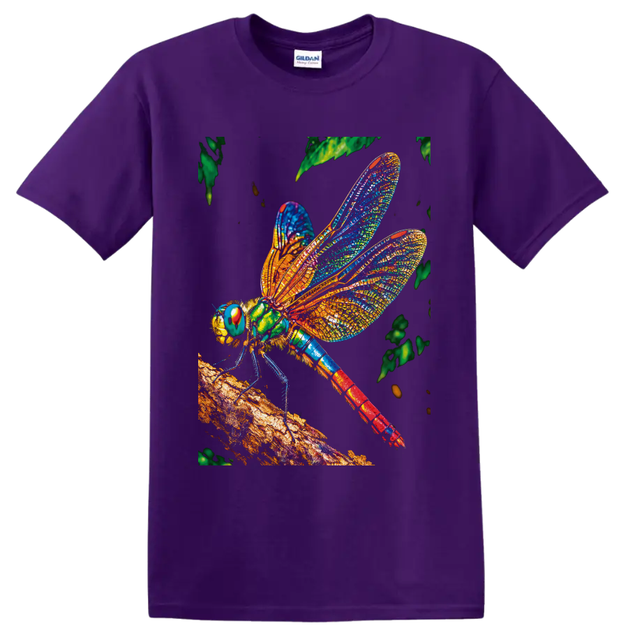 Colorful stained-glass-style dragonfly perched on a textured branch with leafy foliage on a Purple T Shirt