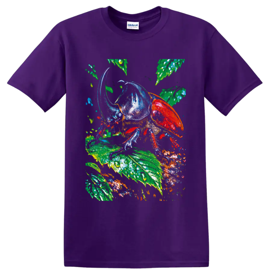 Colorful rhinoceros beetle illustration on glossy tropical rainforest leaves on a Purple T Shirt