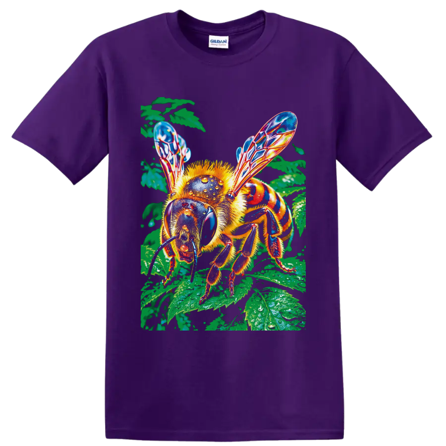Colorful honey bee with translucent wings on glossy green garden leaves on a Purple T Shirt