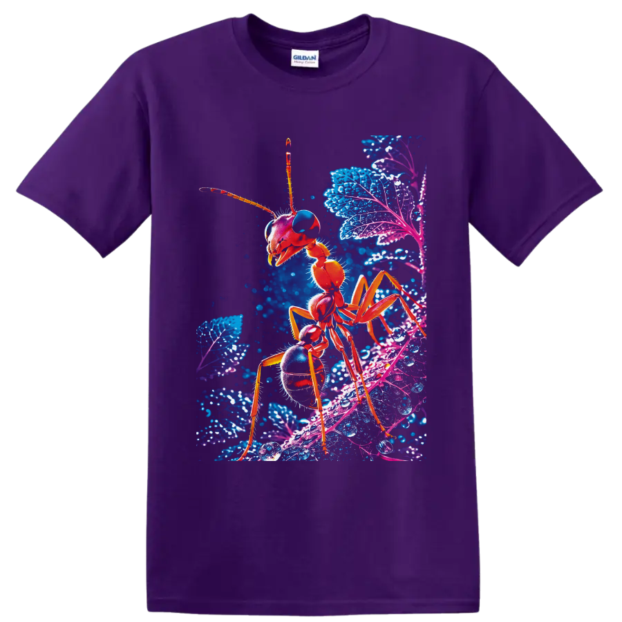 Neon red ant macro illustration on glowing blue and purple leaves with water droplets on a Purple T Shirt