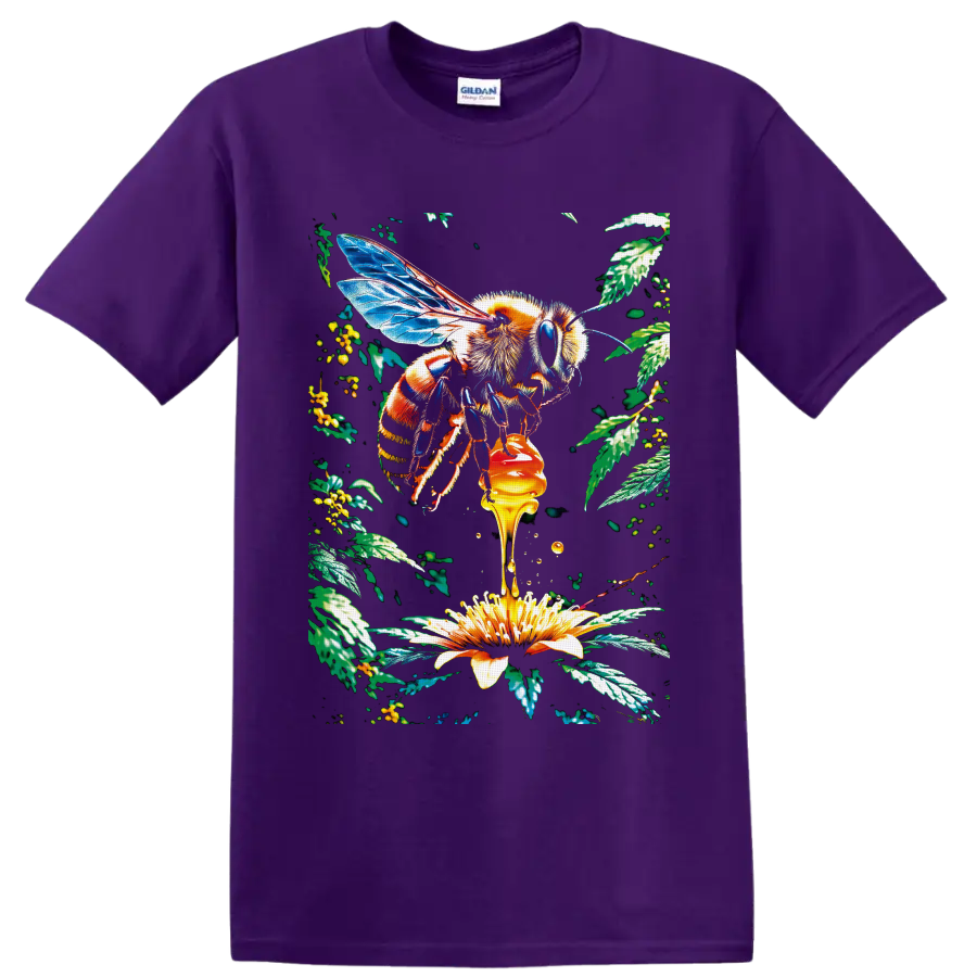Detailed Honey Bee with blue wings, dripping honey, yellow flower, and botanical leaves on a Purple T Shirt