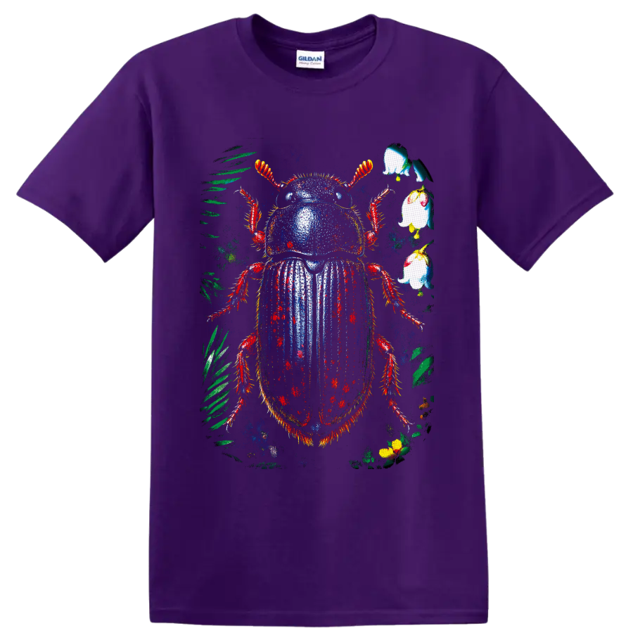 Distressed colorful beetle with tropical leaves and pale blossoms on a Purple T Shirt