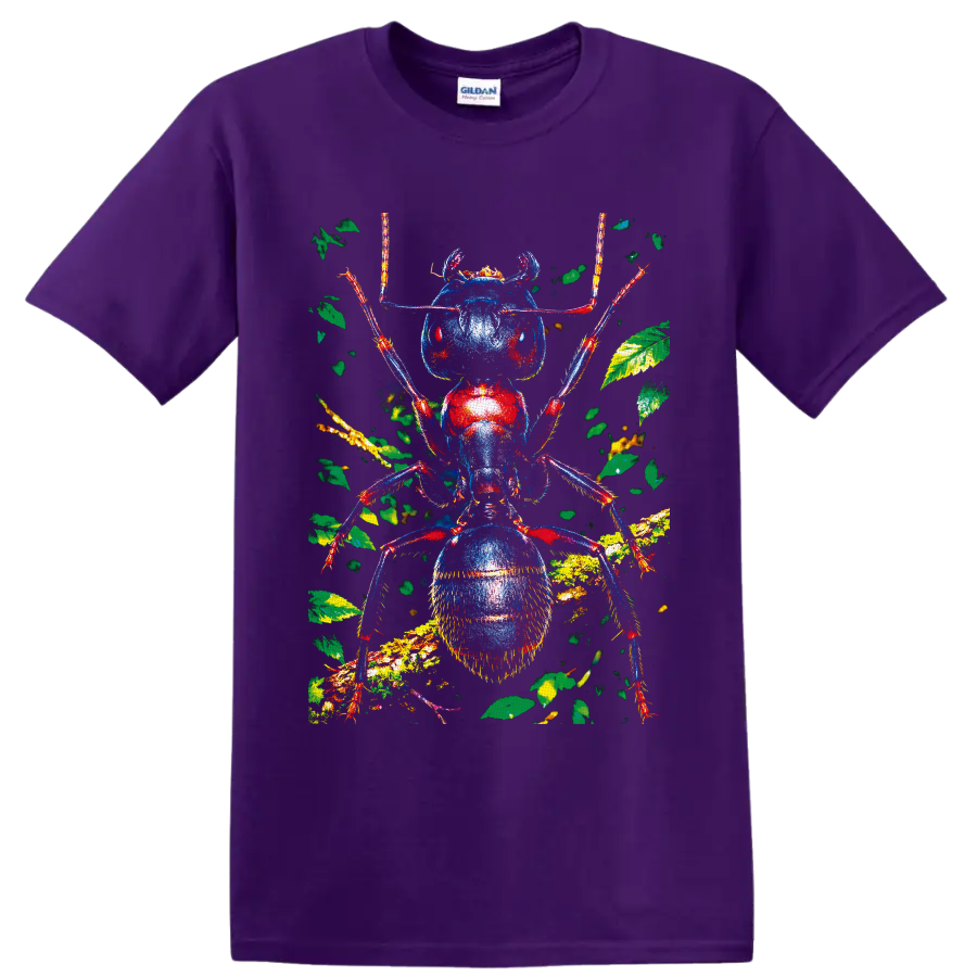 Colorful macro ant portrait with blue and red body, leafy forest branches and antennae on a Purple T Shirt