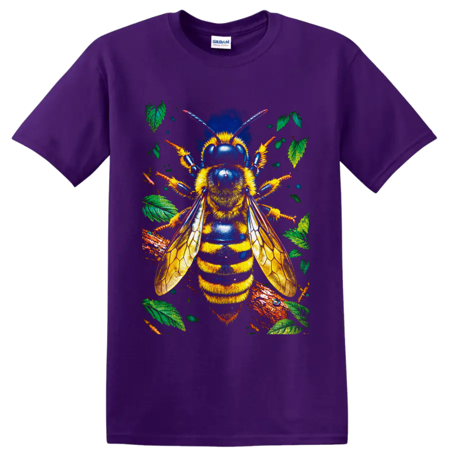 Detailed bumblebee with golden wings, blue accents, leaves, and branches on a Purple T Shirt