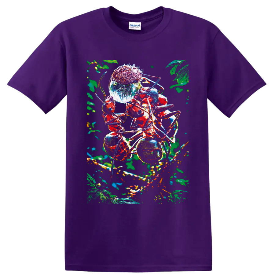 Colorful red ants among berries and leaves in surreal macro forest art on a Purple T Shirt