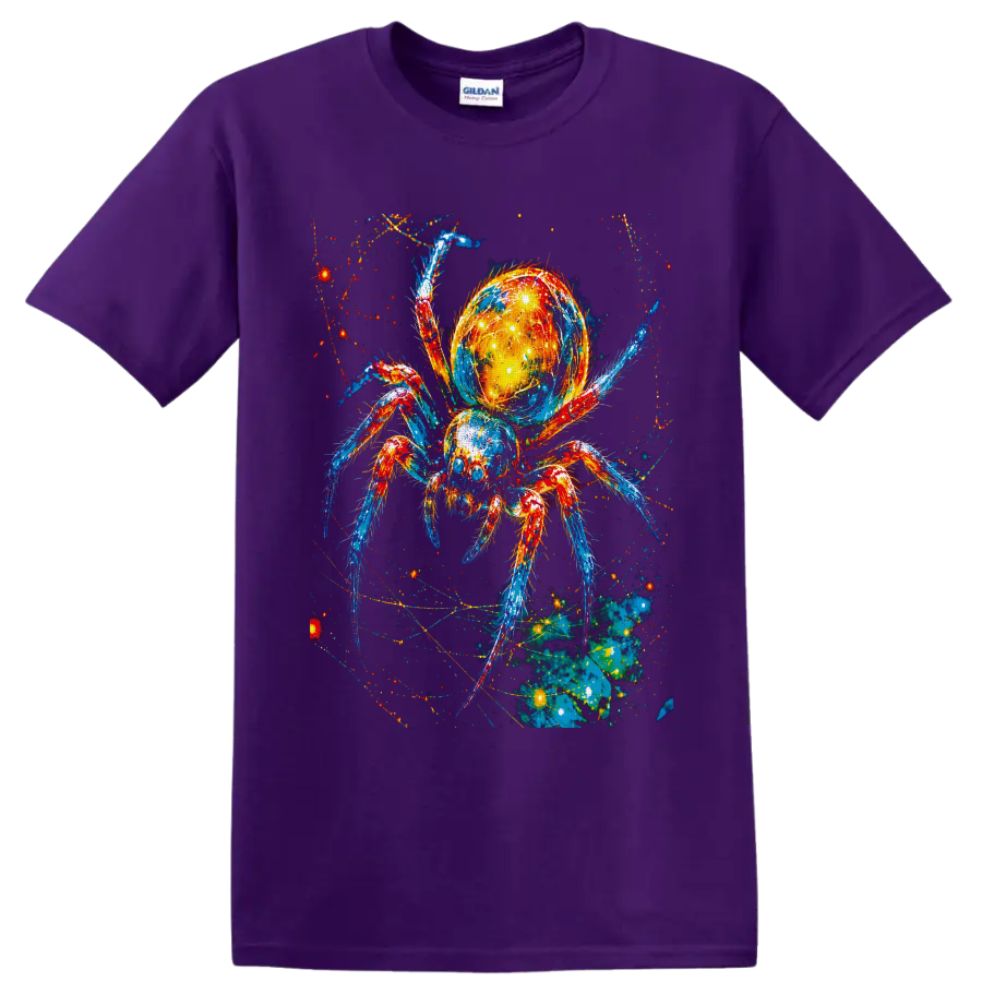 Neon cosmic spider with glowing galaxy abdomen, colorful legs, and web-like sparks on a Purple T Shirt