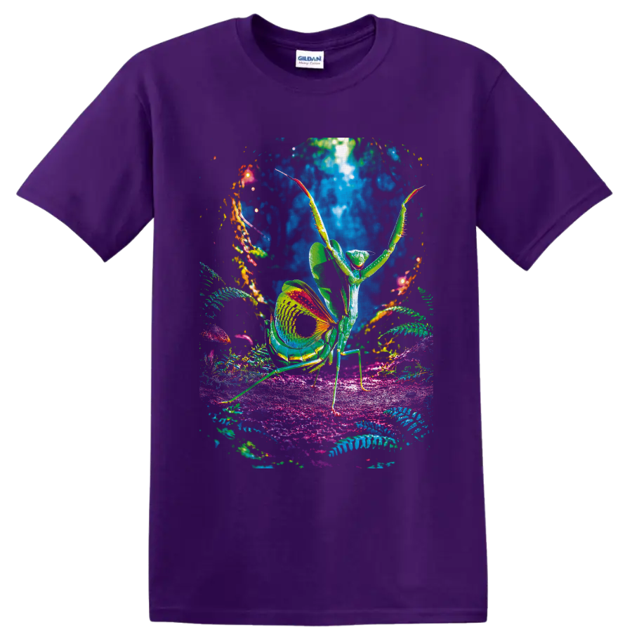 Psychedelic praying mantis amid glowing ferns, mushrooms, and colorful forest plants on a Purple T Shirt