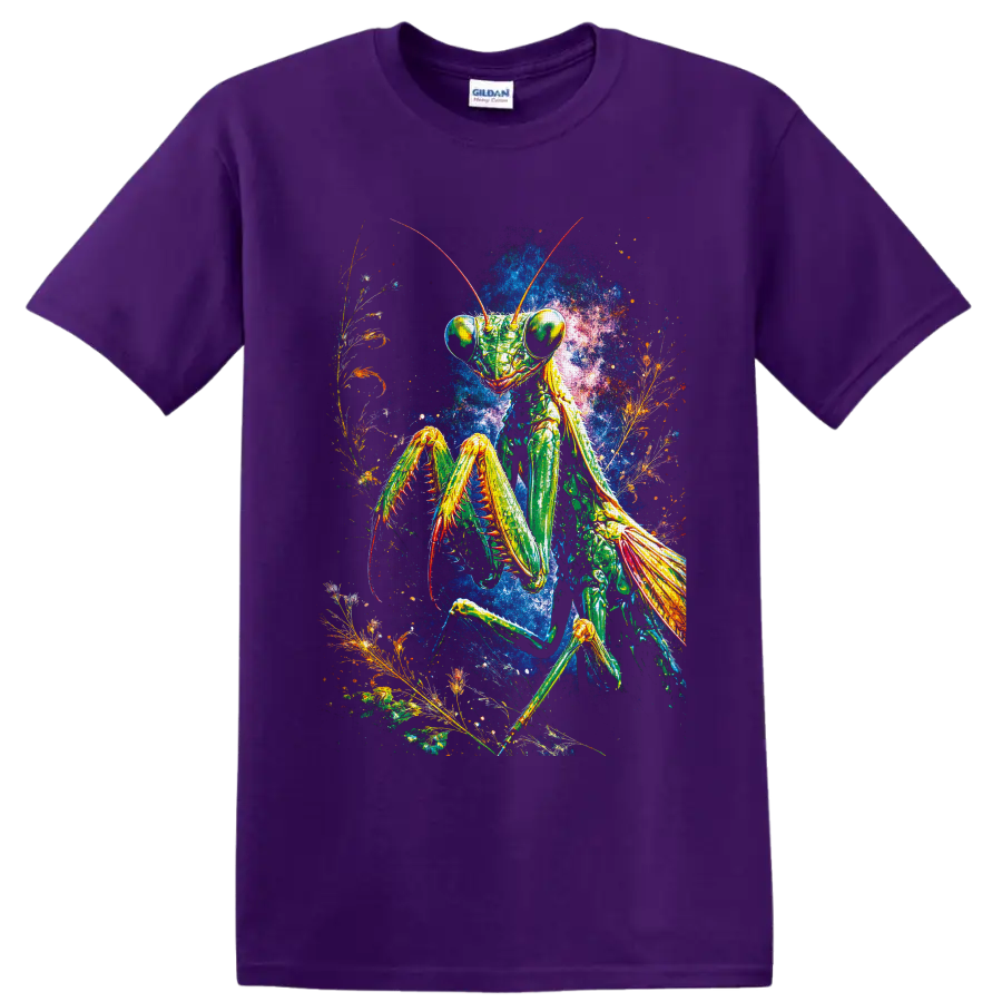 Psychedelic praying mantis with botanical fronds and a vivid cosmic background on a Purple T Shirt