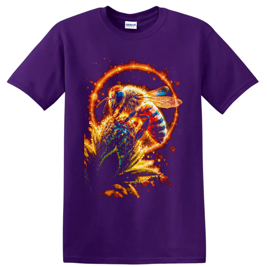 Glowing honey bee on a flower with fiery orange light ring and sparkling botanical art on a Purple T Shirt