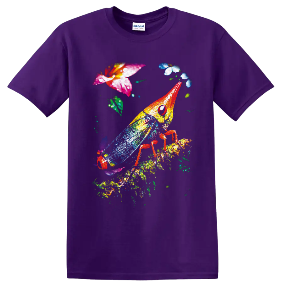 Colorful grasshopper with blue wings on a leafy branch among tropical flowers on a Purple T Shirt