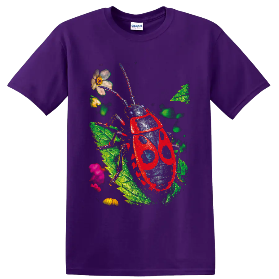 Red spotted beetle illustration with leaves, flowers, and long antennae on a Purple T Shirt