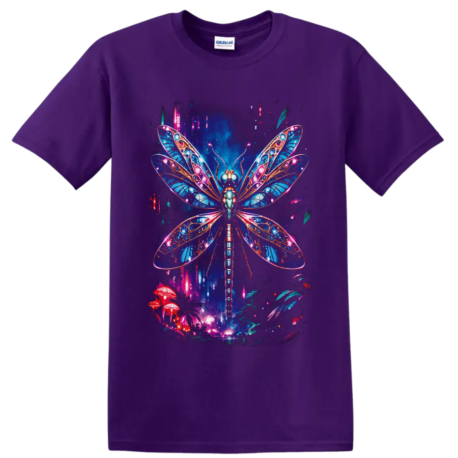 Neon fantasy dragonfly with jeweled blue wings over glowing mushrooms and woodland on a Purple T Shirt