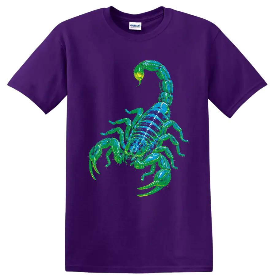 Neon green and blue scorpion arachnid graphic with curled tail and pincers on a Purple T Shirt